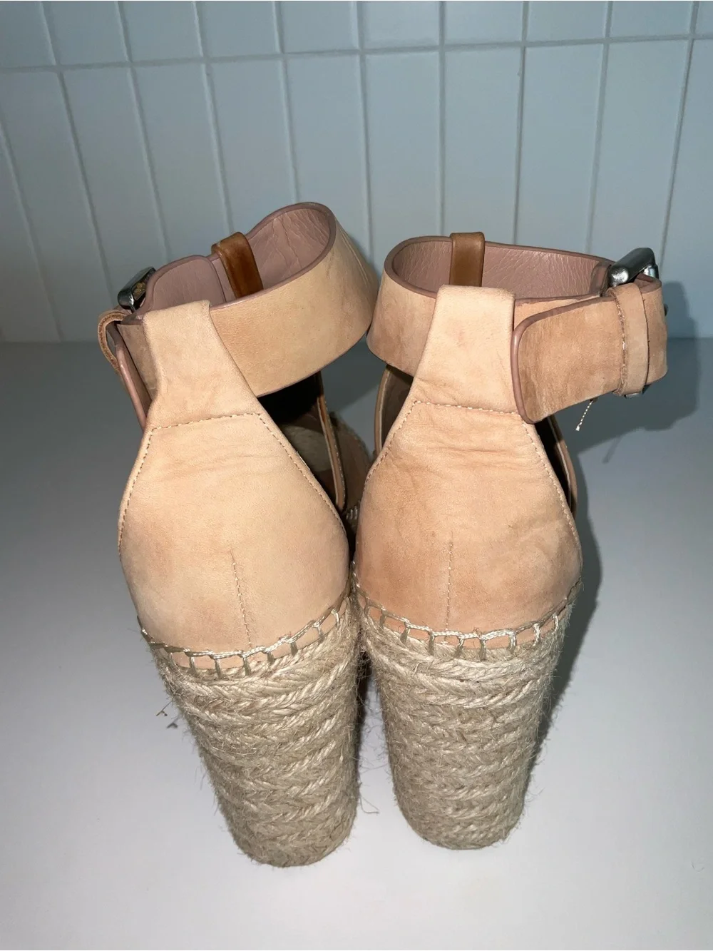 Marc Fisher Tan Perforated Espadrille Wedge Sandals with Ankle Strap